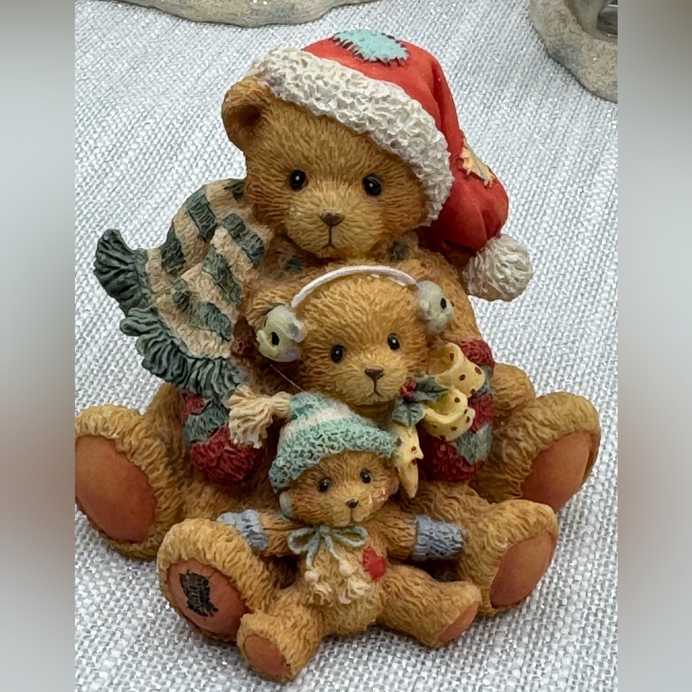 Cherished Teddies Festive Trio bear family wearing Santa hat, earmuffs & scarves